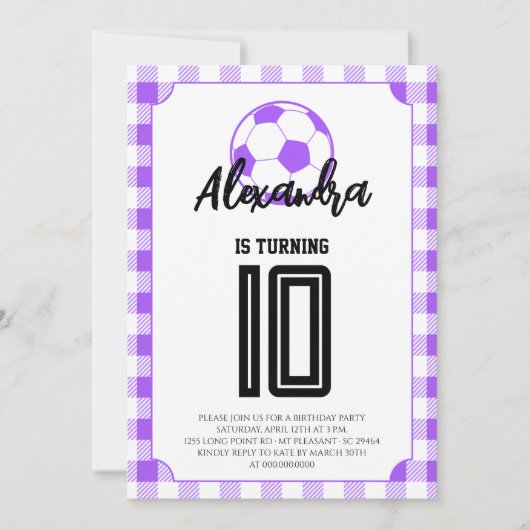Purple Gingham Soccer Girls Birthday 招待状 (正面)
