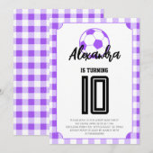 Purple Gingham Soccer Girls Birthday 招待状 (正面/裏面)
