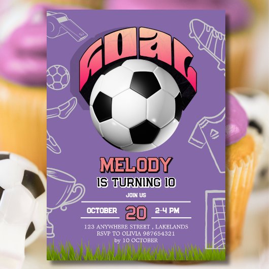 Purple Girl Soccer Ball Birthday Party Invitation 招待状