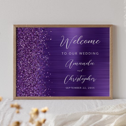 Purple Glam Glitter Script Wedding Welcome ポスター