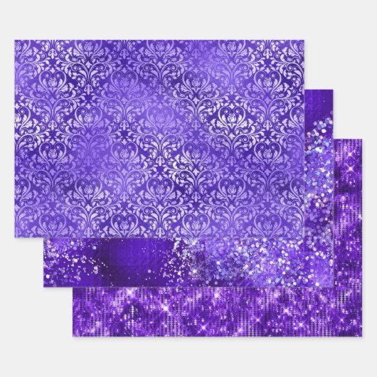 Purple Glam Glitter Sparkle Patterns ラッピングペーパーシート (セット)