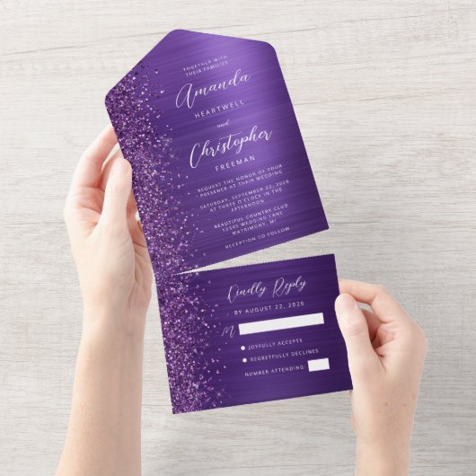 Purple Glam Metallic Modern Script Wedding オールインワン招待状 (貼ってはがせる)