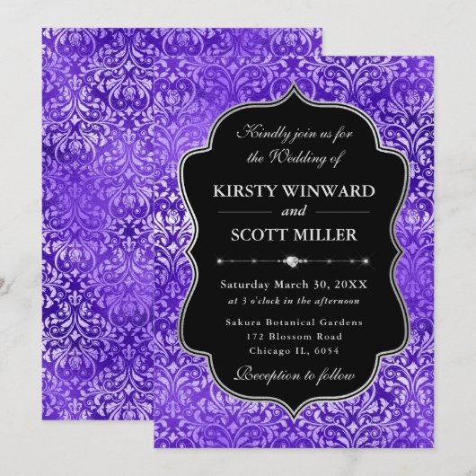 Purple Glam Sparkling Damask Elegant Wedding 招待状 (正面/裏面)