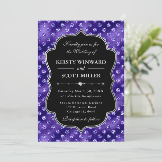 Purple Glam Sparkling Dots Elegant Wedding 招待状 (スタンド正面)