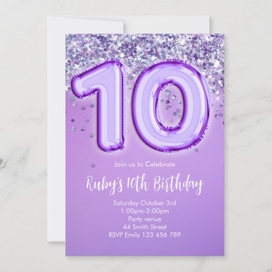 Purple Glitter 10th Birthday Invitation 招待状 (正面)