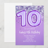 Purple Glitter 10th Birthday Invitation 招待状 (正面/裏面)