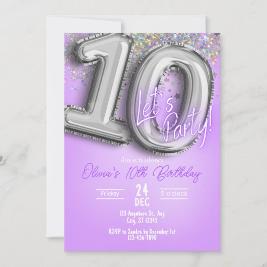 Purple Glitter 10th Birthday Invitation 招待状 (正面)