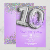 Purple Glitter 10th Birthday Invitation 招待状 (正面/裏面)