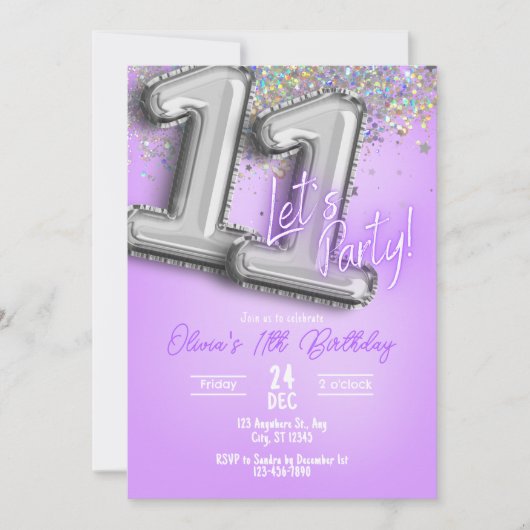 Purple Glitter 11th Birthday Invitation 招待状 (正面)