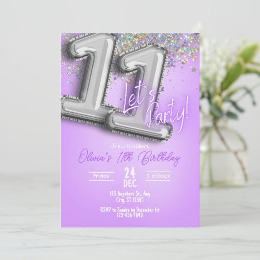 Purple Glitter 11th Birthday Invitation 招待状 (スタンド正面)