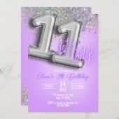 Purple Glitter 11th Birthday Invitation 招待状 (正面/裏面)
