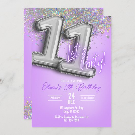Purple Glitter 11th Birthday Invitation 招待状 (正面/裏面)