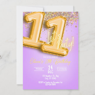 Purple Glitter 11th Birthday Invitation 招待状