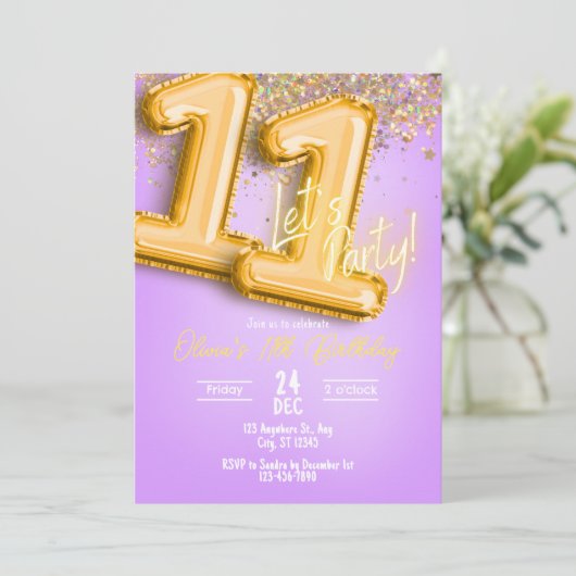 Purple Glitter 11th Birthday Invitation 招待状 (スタンド正面)