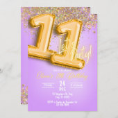 Purple Glitter 11th Birthday Invitation 招待状 (正面/裏面)