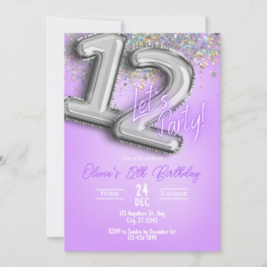 Purple Glitter 12th Birthday Invitation 招待状 (正面)