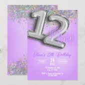 Purple Glitter 12th Birthday Invitation 招待状 (正面/裏面)