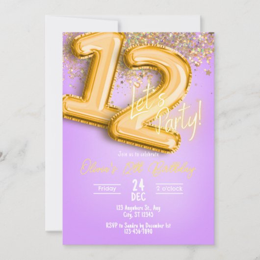 Purple Glitter 12th Birthday Invitation 招待状 (正面)