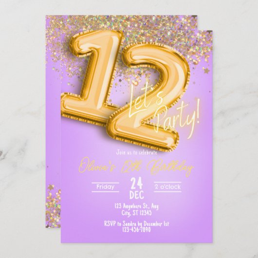 Purple Glitter 12th Birthday Invitation 招待状 (正面/裏面)