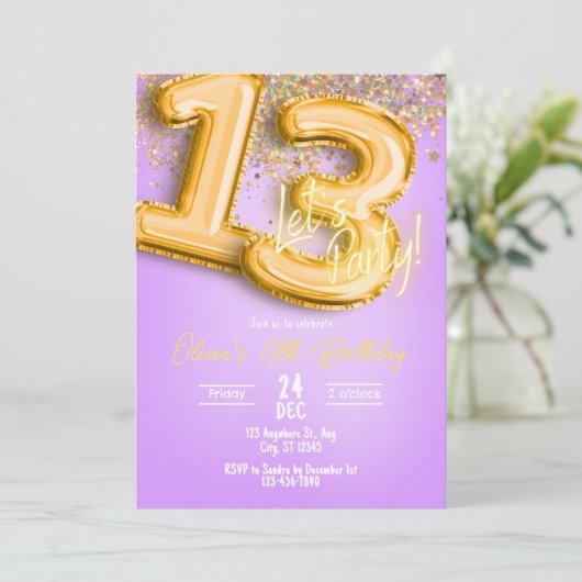 Purple Glitter 13th Birthday Invitation 招待状 (スタンド正面)