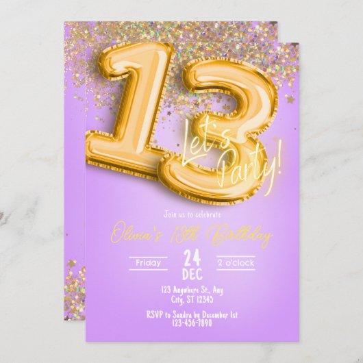 Purple Glitter 13th Birthday Invitation 招待状 (正面/裏面)