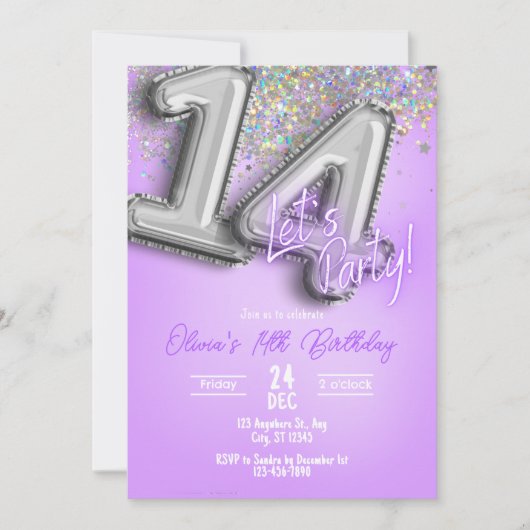 Purple Glitter 14th Birthday Invitation 招待状 (正面)