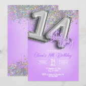 Purple Glitter 14th Birthday Invitation 招待状 (正面/裏面)