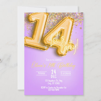 Purple Glitter 14th Birthday Invitation 招待状