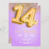 Purple Glitter 14th Birthday Invitation 招待状 (正面/裏面)
