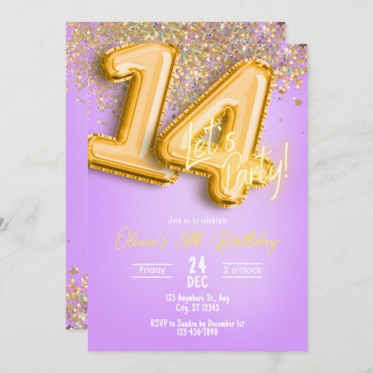Purple Glitter 14th Birthday Invitation 招待状 (正面/裏面)
