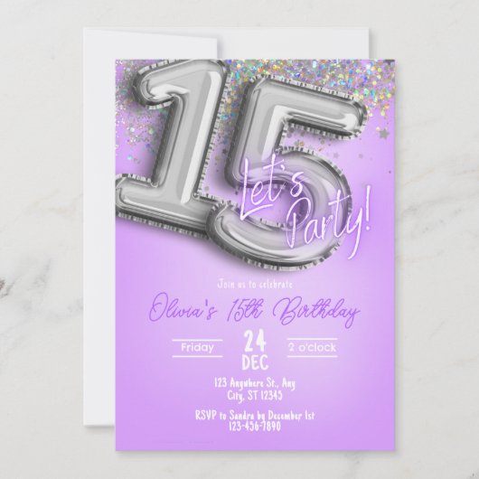 Purple Glitter 15th Birthday Invitation 招待状 (正面)