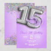 Purple Glitter 15th Birthday Invitation 招待状 (正面/裏面)