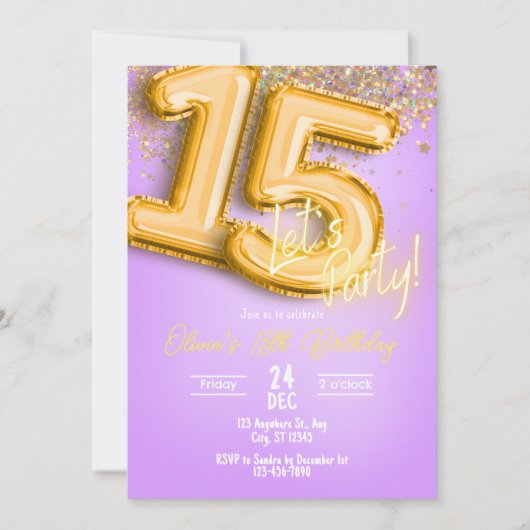 Purple Glitter 15th Birthday Invitation 招待状 (正面)