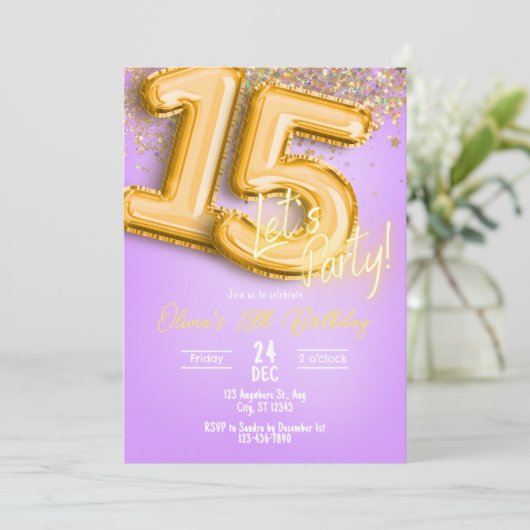 Purple Glitter 15th Birthday Invitation 招待状 (スタンド正面)