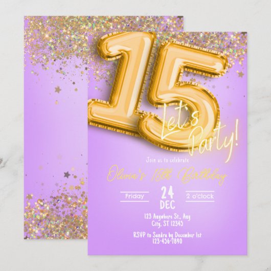 Purple Glitter 15th Birthday Invitation 招待状 (正面/裏面)