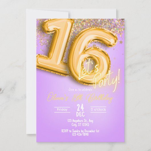 Purple Glitter 16th Birthday Invitation 招待状 (正面)