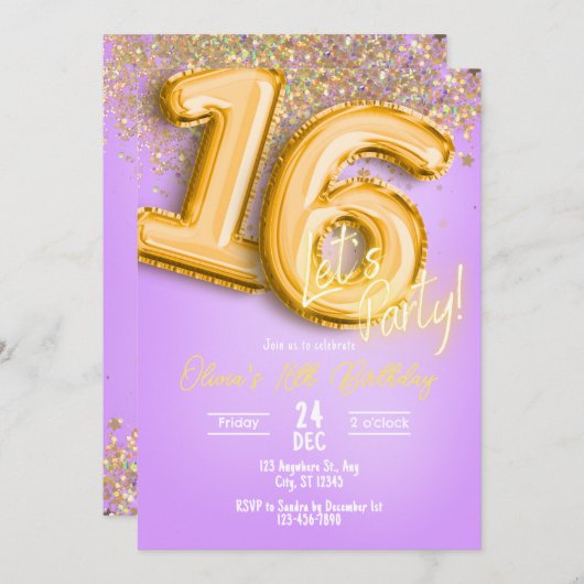 Purple Glitter 16th Birthday Invitation 招待状 (正面/裏面)