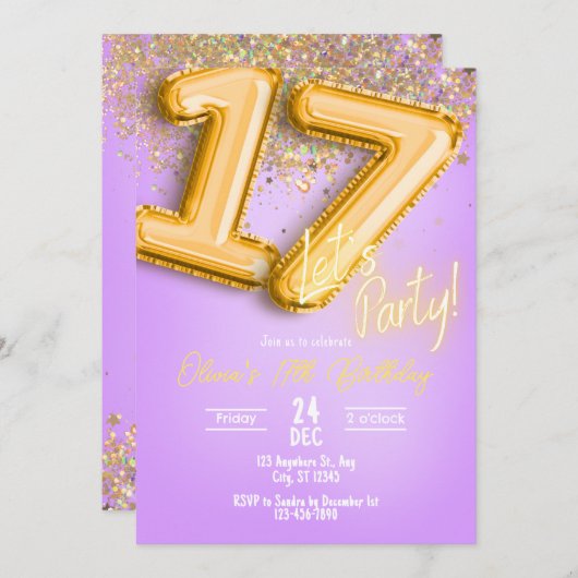 Purple Glitter 17th Birthday Invitation 招待状 (正面/裏面)