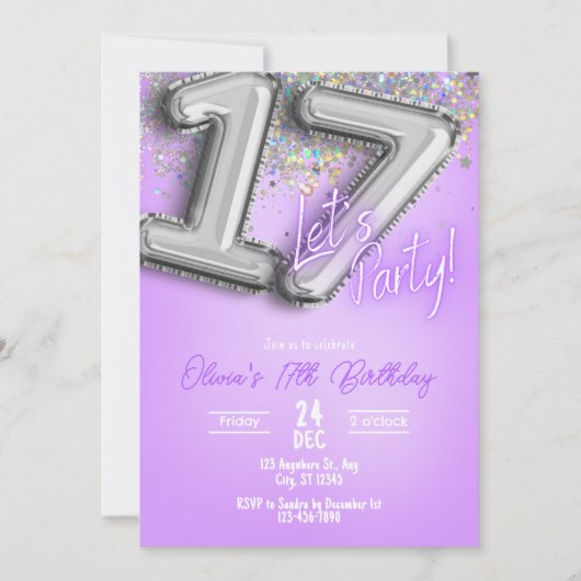 Purple Glitter 17th Birthday Invitation 招待状 (正面)