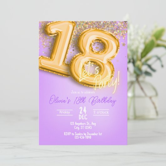 Purple Glitter 18th Birthday Invitation 招待状 (スタンド正面)