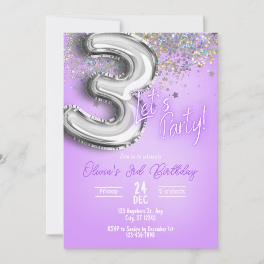 Purple Glitter 3rd Birthday Invitation 招待状 (正面)