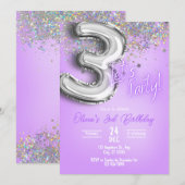 Purple Glitter 3rd Birthday Invitation 招待状 (正面/裏面)