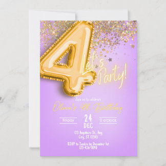 Purple Glitter 4th Birthday Invitation 招待状