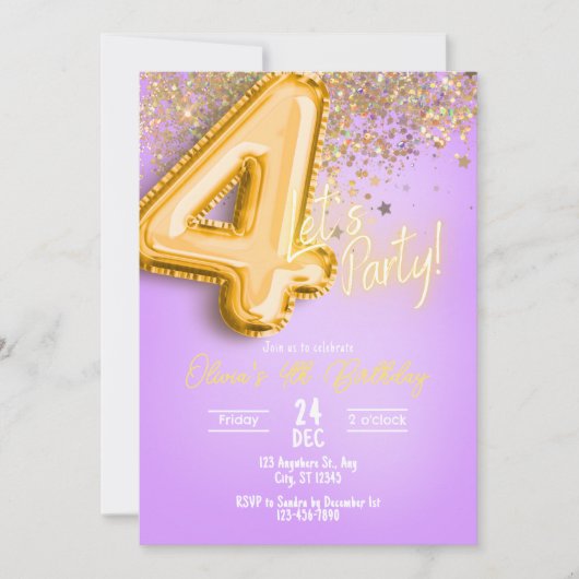 Purple Glitter 4th Birthday Invitation 招待状 (正面)