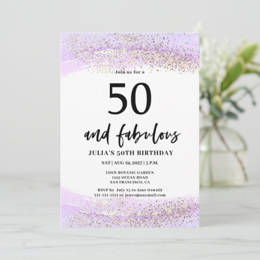 Purple Glitter 50th Birthday Party 招待状 (スタンド正面)