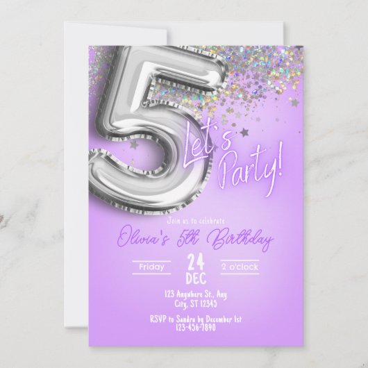 Purple Glitter 5th Birthday Invitation 招待状 (正面)