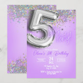 Purple Glitter 5th Birthday Invitation 招待状 (正面/裏面)