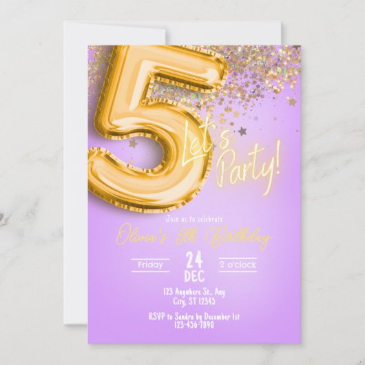 Purple Glitter 5th Birthday Invitation 招待状 (正面)