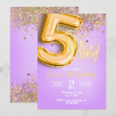 Purple Glitter 5th Birthday Invitation 招待状 (正面/裏面)