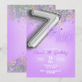 Purple Glitter 7th Birthday Invitation 招待状 (正面/裏面)